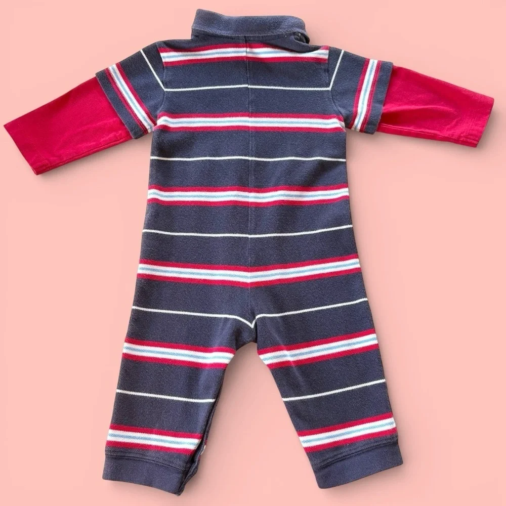 Vintage LAND’S END 3-6 Month Polo Striped Jumpsuit Layered Long Sleeves Snaps
